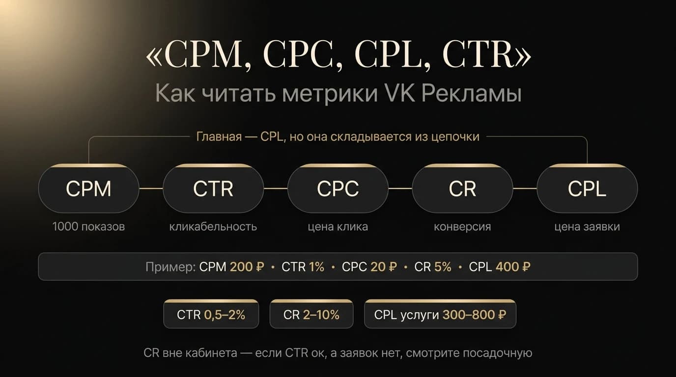 Инфографика: цепочка метрик VK Рекламы CPM → CTR → CPC → CR → CPL с примером расчёта и ориентирами по норме