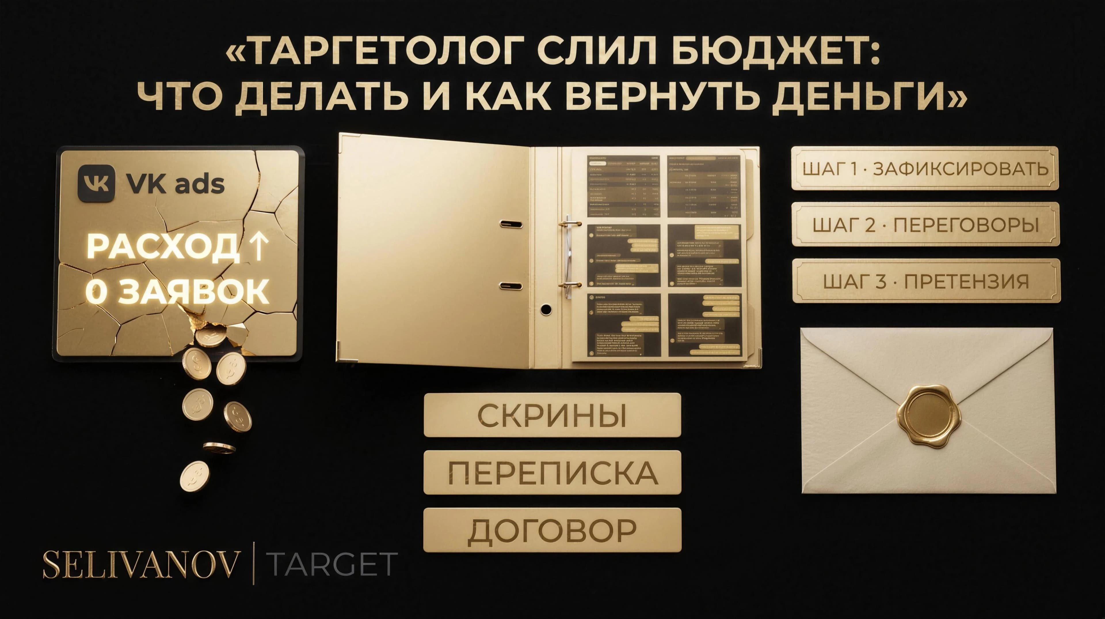 Три шага при сливе бюджета таргетологом: зафиксировать доказательства, переговоры, официальная претензия: и кабинет VK с нулём заявок